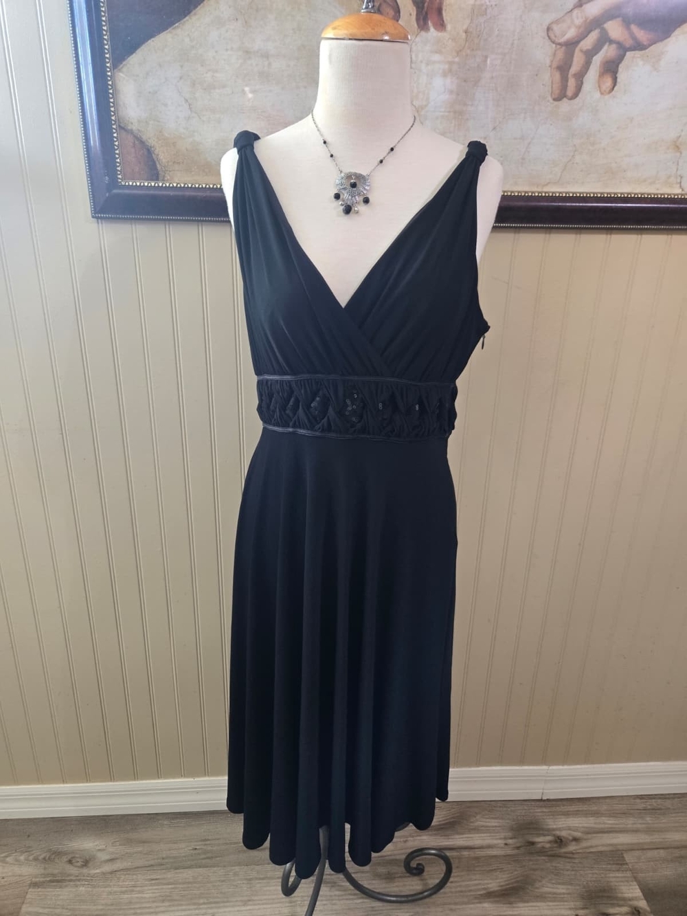 Anne Klein Black V-Neck Midi Dress with Braided Waist